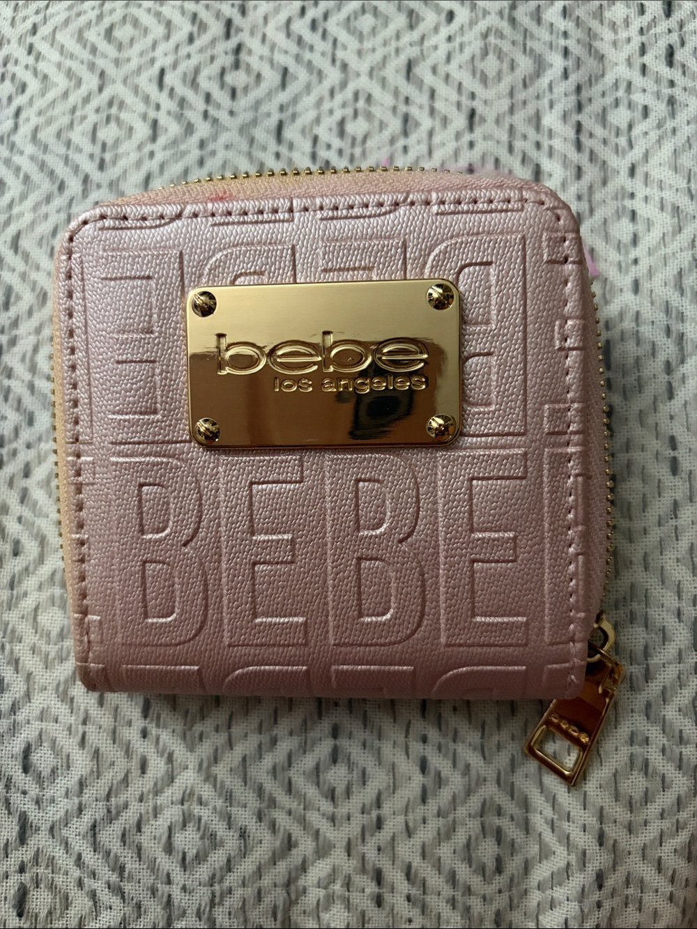 bebe Blush Pink Embossed Zip Wallet with Gold Plate
